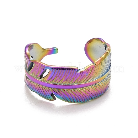Ионное покрытие цвета радуги (ip) 304 кольцо из нержавеющей стали с перьями и открытой манжетой для женщин RJEW-A005-20-1
