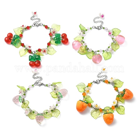 Bracelet à breloques fleurs en verre BJEW-JB09435-1