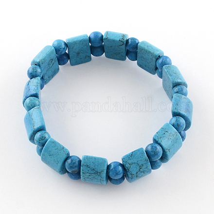 Dyed Half Flat Round & Round Synthetical Turquoise Beaded Stretch Bracelets BJEW-Q666-04B-1