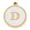 Ion Plating(IP) 201 Stainless Steel Pendants, with White Enamel, Real 18K Gold Plated, Flat Round with Letter, Letter D, 18.5x15.5x2mm, Hole: 1.6mm