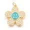 Brass Micro Pave Clear Cubic Zirconia Pendants, with Enamel and Jump Rings, Long-Lasting Plated, Flower with Smiling Face, Real 18K Gold Plated, Dark Turquoise, 24x22x3mm, Hole: 3mm