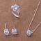 Brass with Crystal Rhinestone Pendant Necklace & Stud Earring & Ring, 925 Sterling Silver Plated, Flat Round, 450mm & 5mm & 16mm