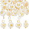 16Pcs 4 Styles Natural Cultured Freshwater Pearl Flat Round Pendants, with Brass Moon Star Sun Slices, Floral White, Golden, 16mm, Hole: 3.5~4mm, 4pcs/style