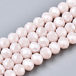 Abalorios de vidrio electroplate hebras, lustre de la perla chapado, facetados, rerondana plana, rosa brumosa, 6x5mm, agujero: 0.8~1 mm, aproximamente 80~85 pcs / cadena, 38~40 cm