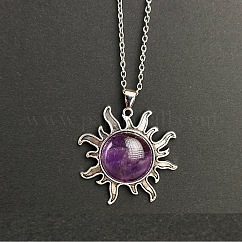 Colliers vintage avec pendentif soleil en améthyste naturelle, chaîne en alliage, platine, 19.69 pouce (50 cm)