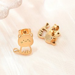 304ステンレススチールスタッドピアス4組  猫の形  ゴールドカラー  7.5~11x7~10.5mm&nbsp;EJEW-G469-02G-03