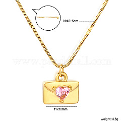 Collares con colgante de corazón tipo sobre de acero inoxidable 304 con circonitas cúbicas rosas para mujer.&nbsp;WG2AA88-02