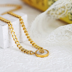 304ステンレススチールと天然ホワイトシェルのコインペンダント付きカーブチェーンネックレス（女性用）  ゴールドカラー  花  14.96インチ（38cm）&nbsp;WG4C473-02