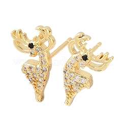 Серьги-гвоздики в форме оленя из латуни с микропаве из прозрачных кубических цирконий&nbsp;EJEW-F400-27B-G
