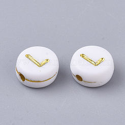 メッキアクリルビーズ  ゴールドライン入り  水平穴  アルファベット付きのフラットラウンド  ホワイト  文字L  7x3.5mm  穴：1.2mm  約360個/50g&nbsp;X-PACR-R242-01L