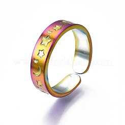 304ステンレススチールの月と星のカフリング  女性のためのレインボーカラーオープンリング  usサイズ8 3/4(18.7mm)&nbsp;RJEW-N038-079