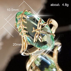 葉とトンボの真鍮ガラス指輪  ゴールドカラー  アクアマリン  20x10.5mm  usサイズ9（18.9mm）&nbsp;FS-WGB6037-03