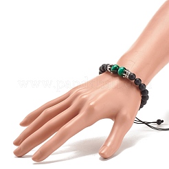 Bracelet tressé en perles d'agate noire givrée naturelle (teinte et chauffée) et œil de tigre avec couronne en alliage&nbsp;BJEW-JB08249-04