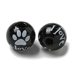 プリントウッドヨーロピアンビーズ  単語模様で丸める  ブラック  15.5~16mm  穴：4~4.5mm&nbsp;WOOD-G022-20I