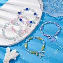 ガラス & ABS プラスチック模造パール ビーズ ストレッチ ブレスレット  ヒトデとフィッシュテールのチャーム付き  ミックスカラー  内径：2-1/8インチ（5.5cm）&nbsp;BJEW-JB09747