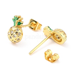 真鍮マイクロペーブクリアキュービックジルコニアスタッドピアス  エナメル  18KGP本金メッキ  長持ちメッキ  パイナップル  グリーン  10.5x5.7mm  ピン：0.8mm&nbsp;EJEW-D273-07G