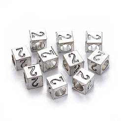 合金ヨーロピアンビーズ  大穴ビーズ  番号の立方体  アンティークシルバー  NUM。2  7x7x7mm  穴：5mm&nbsp;PALLOY-WH0065-52B