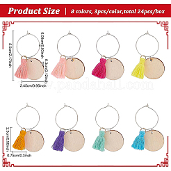 24 Stück 8 Farben flache runde Holz & Quaste baumeln Weinglas-Charms&nbsp;AJEW-BC0003-13