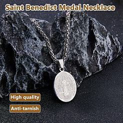 2 colgante de medalla ovalada de San Benito de acero inoxidable con cadena de espigas de trigo.&nbsp;NJEW-DC0001-20P