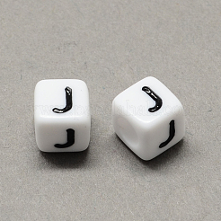 大穴アクリル文字ヨーロピアンビーズ  水平穴  ホワイト＆ブラック  文字.j付きのキューブ  7~8x7~8x7~8mm  穴：4mm  約1144個/500g&nbsp;SACR-Q103-7mm-01J