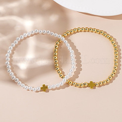 2 шт. минималистичный набор эластичных браслетов с крестом из искусственного жемчуга и латуни.&nbsp;QX2906-1