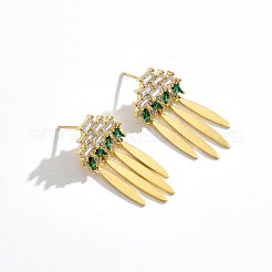 真鍮製マイクロパヴェキュービックジルコニアスタッドピアス  タッセルピアス  グリーン  ゴールドカラー  33x15mm&nbsp;EJEW-BB70428