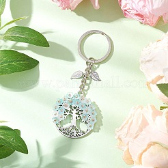 生命の木の合金キーホルダーが付いたフラットラウンド  アクリルとガラスビーズの花  淡いターコイズ  93mm&nbsp;KEYC-MZ00039-05