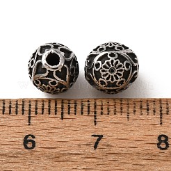 304ステンレススチールビーズ  光沢のある  ヴィンテージ風の花柄の丸い模様  アンティークシルバー  7.5x8mm  穴：2.5mm&nbsp;SA-CBAFBAB-09AS-A
