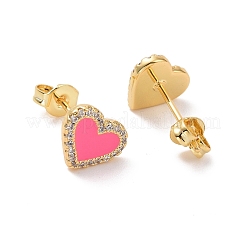 Серьги-гвоздики в форме сердца из темно-розовой эмали с прозрачным кубическим цирконием EJEW-C030-04G