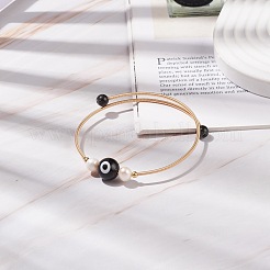 Натуральный обсидиан и лэмпворк от сглаза и натуральный жемчуг браслет из бисера BJEW-JB08463-06