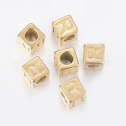304 Edelstahl Großloch Brief europäischen Perlen, horizontales Loch, Würfel mit letter.r, golden, 8x8x8 mm, Bohrung: 5 mm
