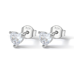 Rhodium Plated Sterling Silver Heart Stud Earrings, with Cubic Zirconia, with 925 Stamp, Clear, 6mm