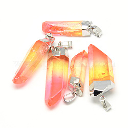 Pendentifs pointus en cristal de quartz naturel, avec les accessoires en fer, platinée, pépites, teinte, rouge-orange, 30~45x9~14x6~10mm, Trou: 6x3.5mm