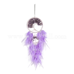 Retro Style Iron & Natural Amethyst Pendant Hanging Decoration, Woven Net/Web with Feather Wall Hanging Wall Decor, 160mm