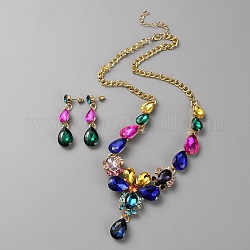 Ensemble de bijoux en forme de larme et de strass colorés pour femmes, Colliers à bavette en alliage et boucles d'oreilles pendantes, or, colliers : 543 mm ; boucle d'oreille: 51x13mm