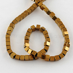 Non-magnetic Synthetic Hematite Beads Strands, Grade A, Cube, Golden Plated, 2x2x2mm, Hole: 1mm
