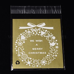 Rectangle OPP Cellophane Bags for Christmas, with Wreath Pattern, Goldenrod, 14x9.9cm, Unilateral Thickness: 0.035mm, Inner Measure: 11x9.9cm, about 95~100pcs/bag