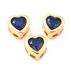 Ciondoli scorrevoli in ottone con zirconi intarsiati, vero placcato oro 18k, cuore, blu, 6.5x6.5x4mm, Foro: 0.8x2 mm