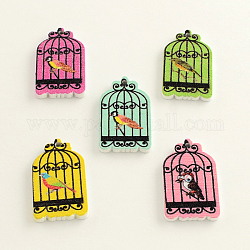 Dyed Wood Pendants, Bird in Cage, Mixed Color, 30x18x3mm, Hole: 2mm