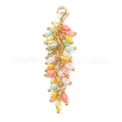 Decorazione del pendente di perle di vetro placcato a grappolo, con fermagli a moschettone in acciaio inossidabile color oro 304, arancione, 58mm, ciondoli:50x14mm