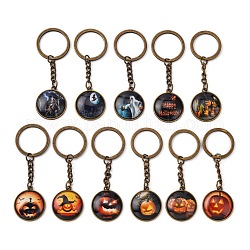 Alloy Keychain, with Glass, Flat Round with Halloween, Mixed Pattern, Antique Bronze, 80x25mm
