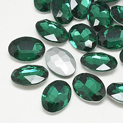 Pointed Back Glass Rhinestone Cabochons, Back Plated, Faceted, Oval, Med.Emerald, 14x10x4.5mm