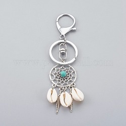 Cowrie Shell Keychain, with Tibetan Style Alloy Findings, Synthetic Turquoise Beads, Alloy Key Clasps, Seashell Color, Antique Silver & Platinum, 115mm