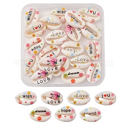 20Pcs Printed Natural Cowrie Shell Beads, No Hole/Undrilled, with Word & Flower Pattern, Mixed Color, 18~22x13~14x6~8mm