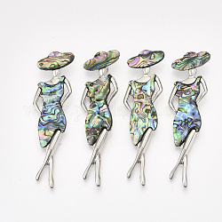 Abalone Shell/Paua Shell Brooches/Pendants, with Alloy Findings and Resin Bottom, Woman, Platinum, Colorful, 81x25x10.5mm, Hole: 6.5x5mm, Pin: 0.6mm