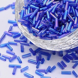 Transparent Colours Rainbow Glass Bugle Beads, AB Color, Blue, 6x1.8mm, Hole: 0.6mm