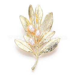 Broches de hojas de perlas naturales para mujer, pernos de cobre amarillo, real 14k chapado en oro, 63~65x50x14.5mm