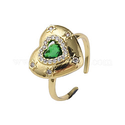 Открытое кольцо-манжета в форме сердца из кубического циркония, настоящие 18-каратные позолоченные латунные украшения для женщин, без никеля , зелёные, размер США 8 1/4 (18.3 мм)