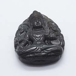 Pendentifs en obsidienne naturelle sculptés, Bouddha, 48x38x12mm, Trou: 1.5mm