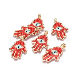 Miyuki & toho pendenti di perline giapponesi fatti a mano, modello telaio, mano di hamsa / mano di fatima / mano di miriam, con malocchio, rosso, 45~46x27~28x1.7mm, Foro: 4 mm